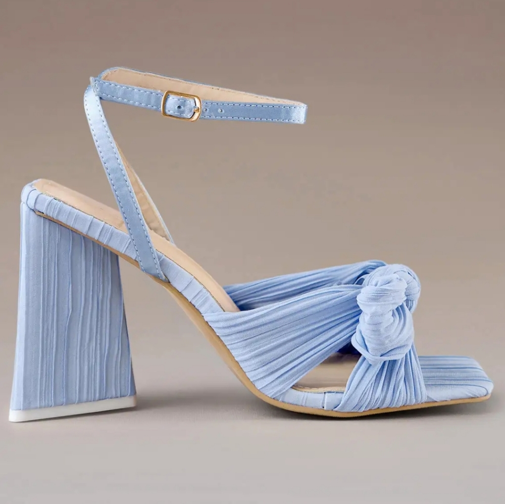 Azazie blue pleated chiffon bow mid-heel sandals
